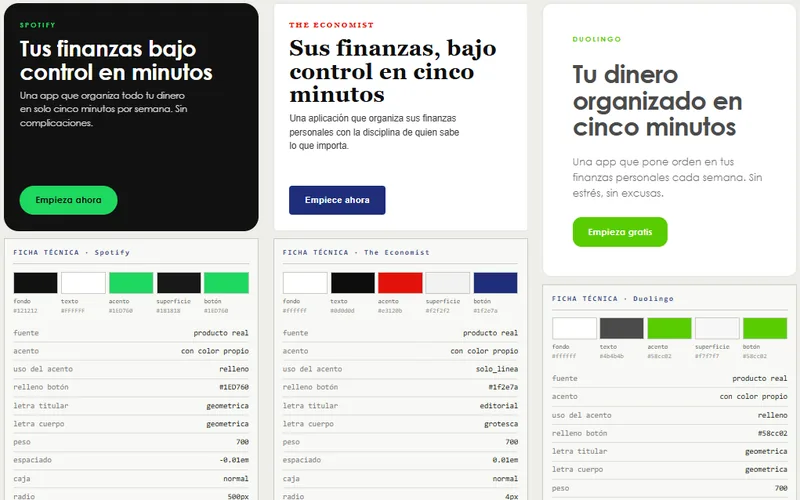 Fichas de identidad de marca que generó la herramienta de Andrea